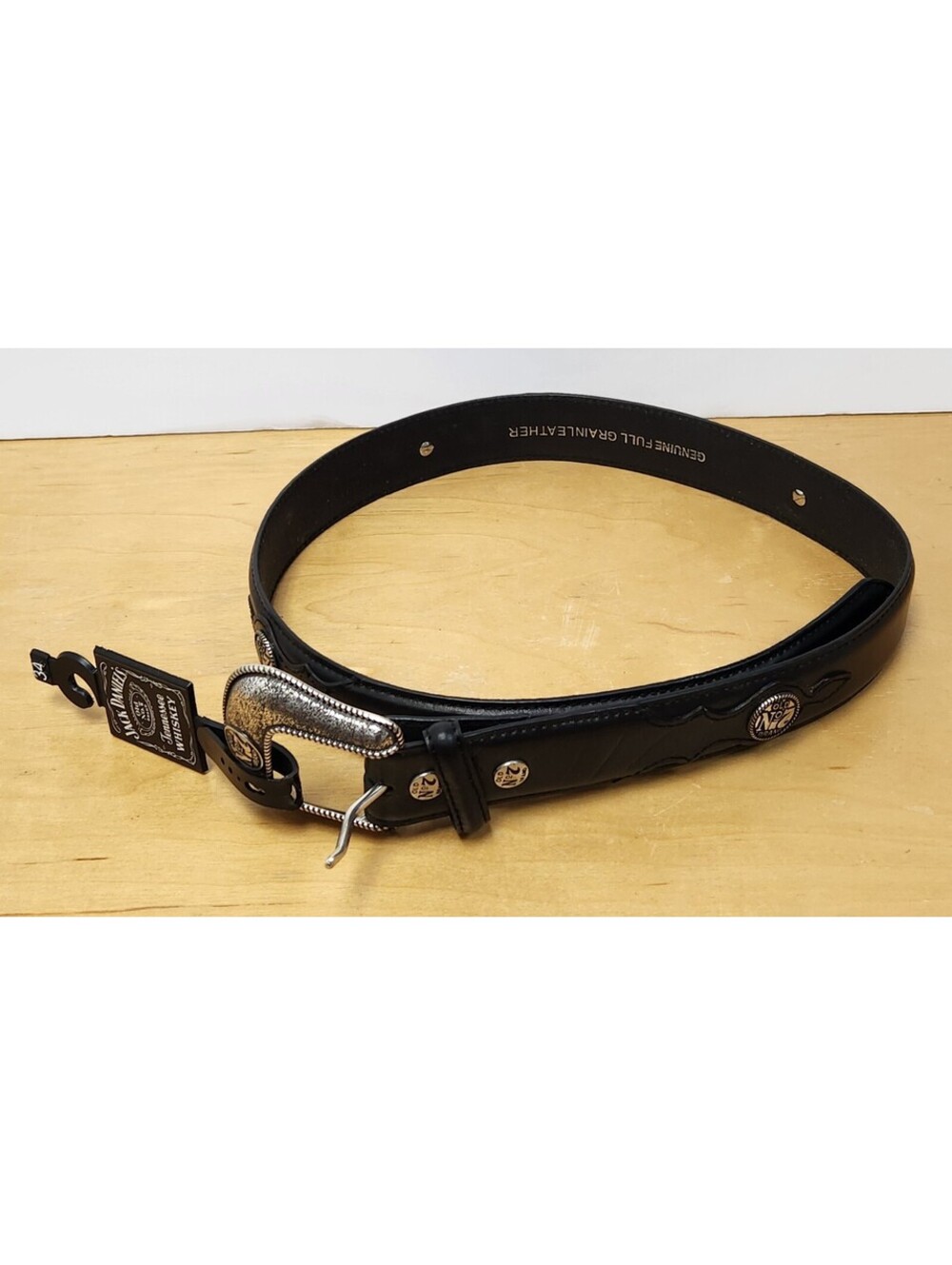 Vintage 2003 Jack Daniels Belt 34 Black Full Grain Leather Western Concho 1301JD